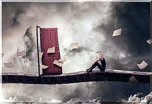 man-sitting-outside-a-door-with-flying-papers around